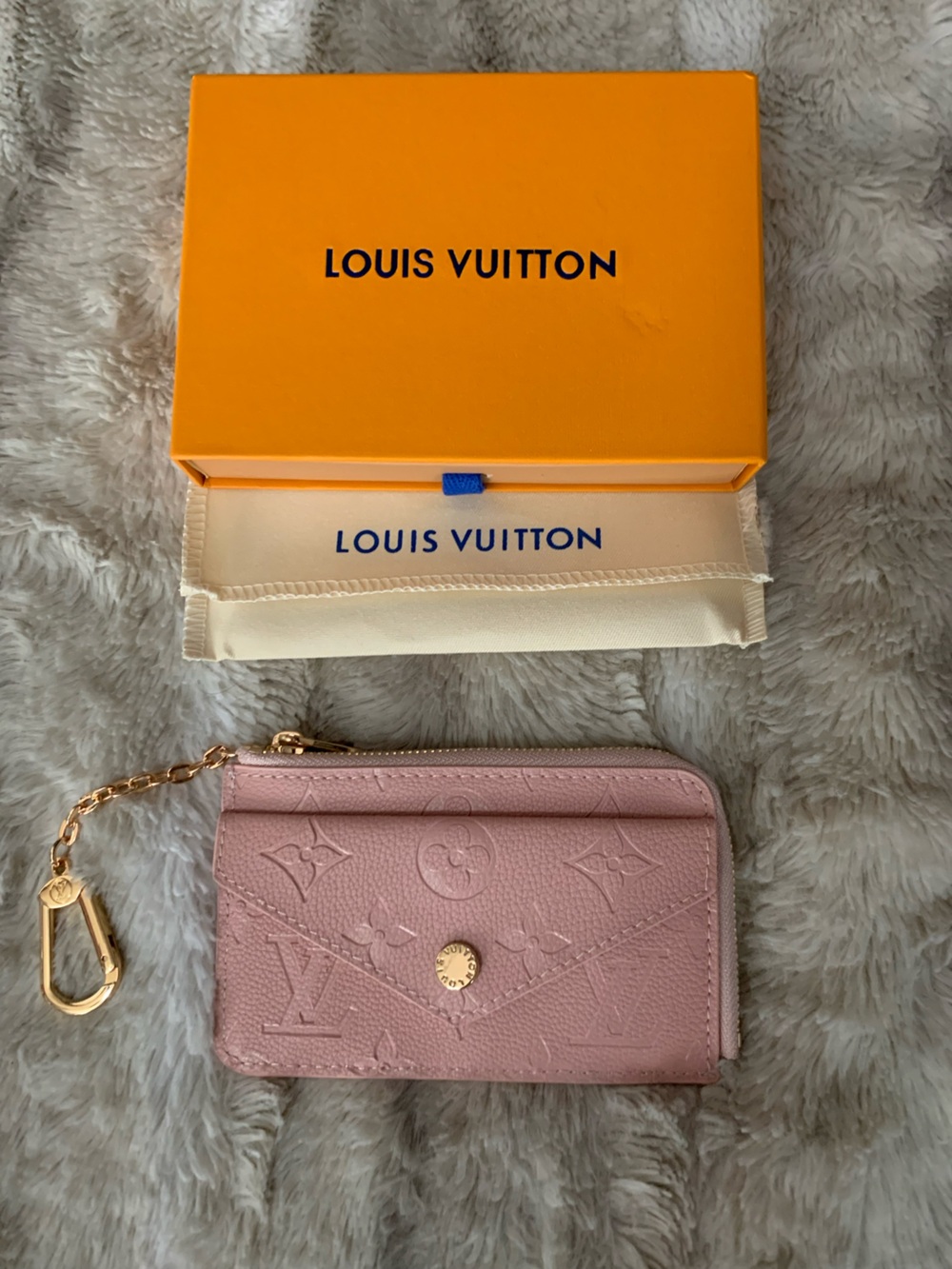 Louis Vuitton Pink Embossed Monogram Card Holder with Gold Chain